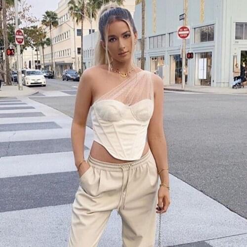 See Through Mesh Sexy Crop Top Women Polka Dot Padded Crop Tops Sleeveless One Shoulder Corset Bustier Boned Tank Top