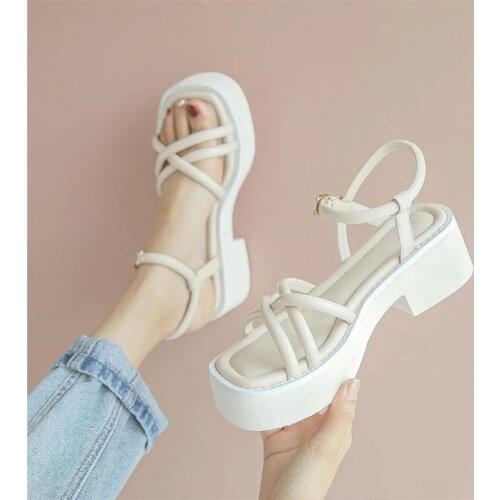 Fashion Harajuku Platform Wedges Sandals Women Summer Beach Chunky Retro Shoes Ankle Buckle Strap Gladiator Slides Black White