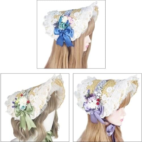 Handmade Lolita Pastoral Bonnet Straw Hat Sweet Ruffled Lace Trimming Ribbon Elegant Tea Party Floral Cosplay Sun