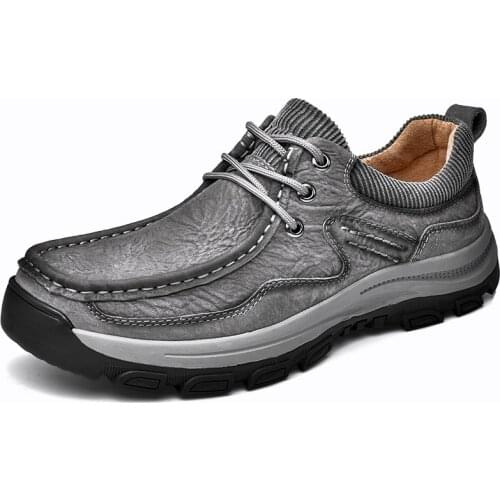 Rubber Thick Sole Hard-Wearing Outdoor Mens Shoes High Quality Real Leather Casual Shoes for Men Anti Skid Trekking Sneakers