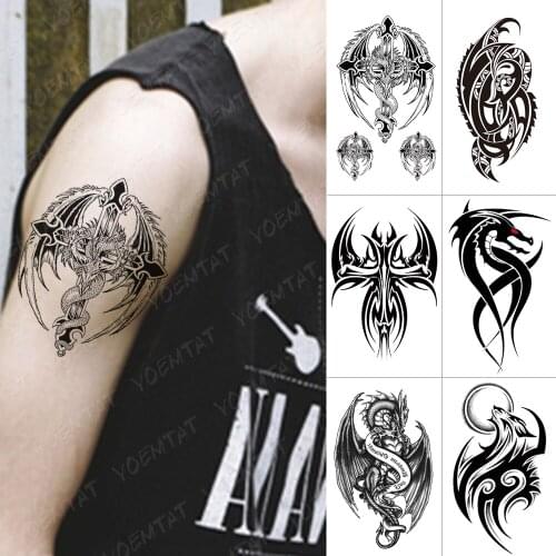 Waterproof Temporary Tattoo Sticker For Adult Winged Dragon Feather Cross Flash Tattoos Wolf Totem Body Art Arm Fake Tatoo Men