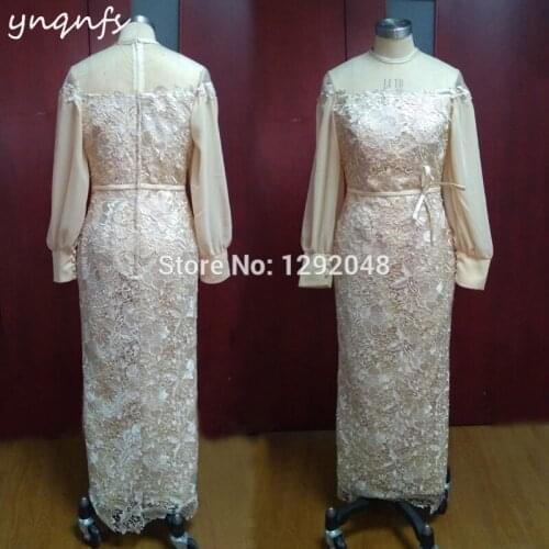 YNQNFS M121 Robe Soiree Dubai Long Sleeve Ankle Length Champagne Mother of the Bride Dresses Lace Gown Wedding Party Guest Wear
