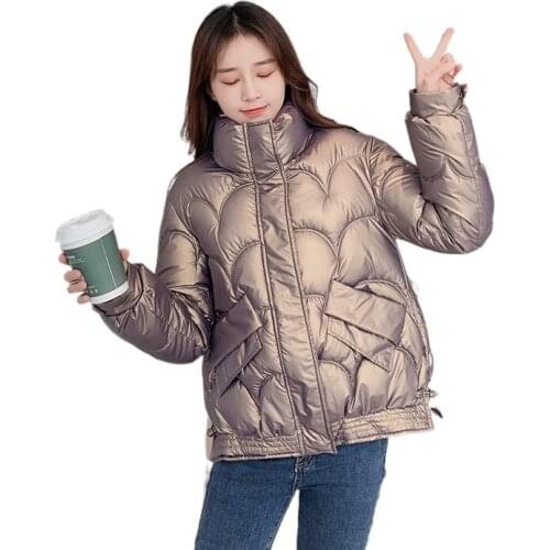 Womens Quilted Puffer Jacket Solid Stand Collar Long Sleeve Ladies Black Parka Zipper Pockets Winter Thick Coat for Female