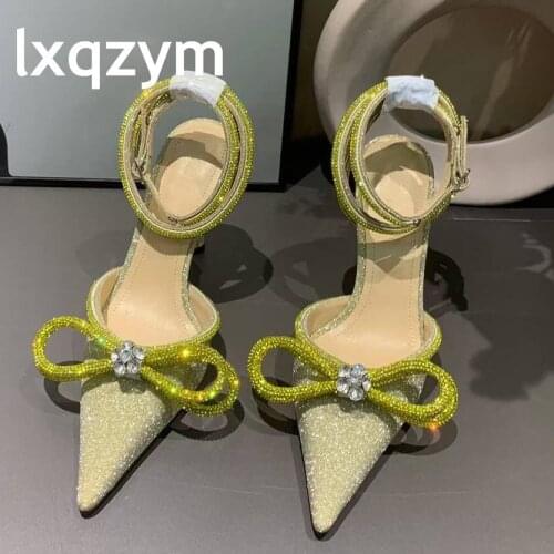 Pointed Toe Bowknot Wedding Shoes Women Sweet Satin Rhinestone High Heel Woman Sandals Slingback Elegant Stilettos Woman