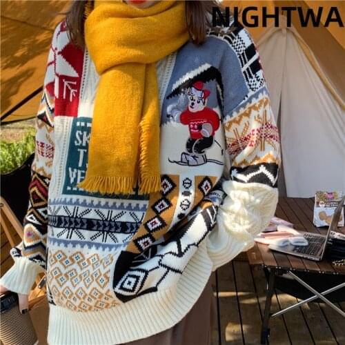 NIGHTWA Pullovers Women Retro Oversized Bear Sweater Warm BF Unisex Casual Splicing Knit Doung 2021 New Fashion High Quality Top