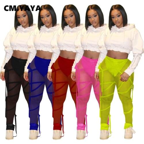 CM.YAYA Women Mesh See Though Drawstring Legging Pants for Streetwear Sexy Outfits Trousers