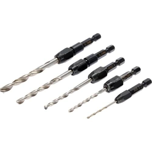 5pc 1/4" Hex Shank Wood Hcs Drill Bit Set Woodworking Quick Change Twist Drill Bit Metric 2/3.2/ 4/ 5/ 6mm Quick Release Drills