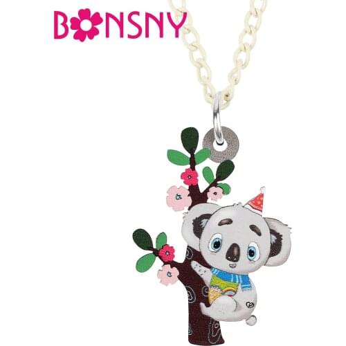 BONSNY Acrylic Sweet Cartoon Australia Climbing Tree Koala Necklace Pendant Long Fashion Novelty Jewelry For WWomen Girls Gifts