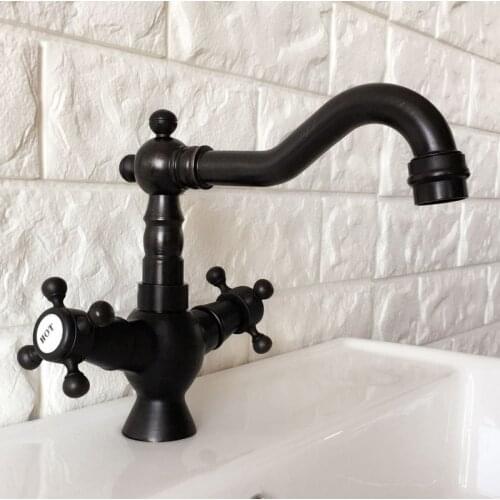 Black Oil Rubbed Brass Dual Cross Handles One Hole Bathroom Kitchen Basin Sink Faucet Mixer Tap Swivel Spout Deck Mounted mnf362