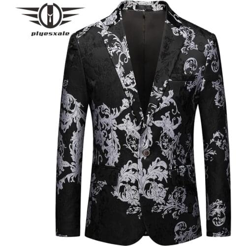 Black Casual Male Blazer Jacket Slim Fit Flower Printed Mens Floral Blazer Rock And Roll Costumes Fashion Embroidery Design Q814