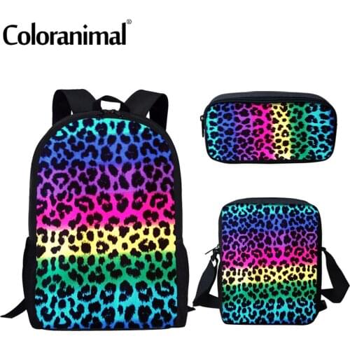 Coloranimal New Style 3Pcs/Set Backpack/Lunch Bag/Pencil Bag Rainbow Gradient Leopard Printed Kid School Bag Student Book Bolsa