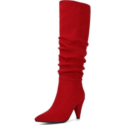 ENMAYER Winter Knee High Boots Women Pleated Spike Heels Long Boots Pointed Toe High Heel Shoes Ladies Shoes Women Boots