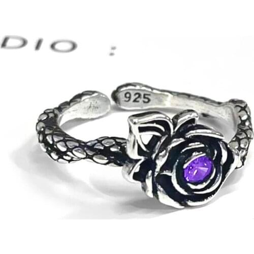 Dainty Rose Flower Engagement Ring Vintage Female Purple Round Zircon Ring Charm Silver Color Opening Wedding Rings For Women