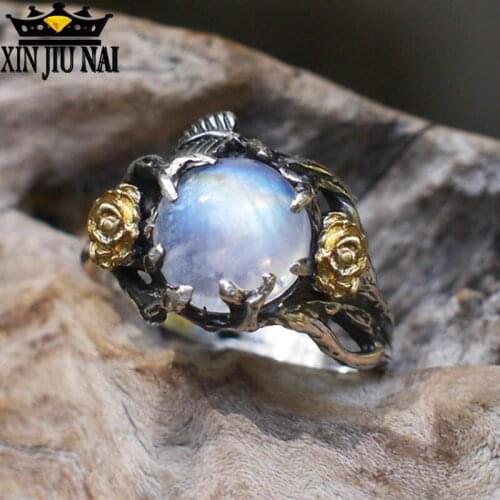 Manual restoration Rose Gold Separation Tree Leaf Moonlight Stone Thai Silver Magic Color Discoloration Dark Gothic Jude Ring