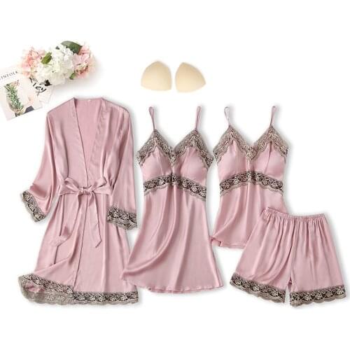 Women Pajamas Set Satin 4PCS Sleepwear Sexy Nightgown Hollow Out Intimate Lingerie Spring New Lace Patchwork Kimono Gown