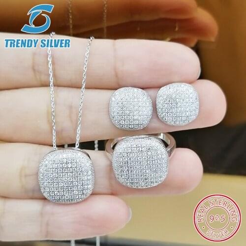 Complete pure 925 sterling silver zirconia clear CZ luxury jewelry set ring earrings for woman pendant necklace trendy design