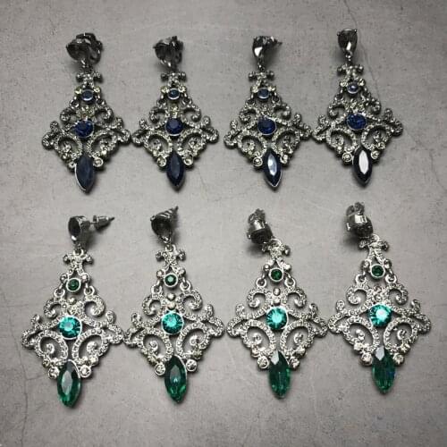 Geometric Alloy Filigree Blue Green Stones Sweet Clip Earring