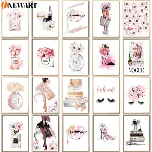 Watercolor Perfume Fashion Wall Art Poster Print Make Up Girl Eyelash Canvas Painting for Women Bedroom Modernistic Decoration