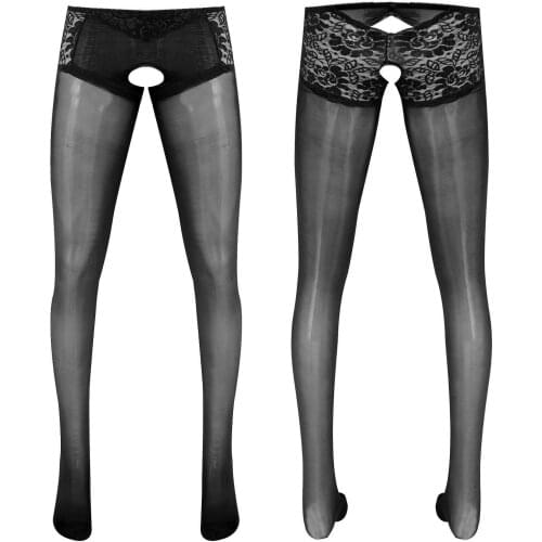 Sissy Men Lace Top Sheer Crotchless Glossy Pantyhose Tights Stockings Long Pants Lingerie Underwear Hosiery Plus Size