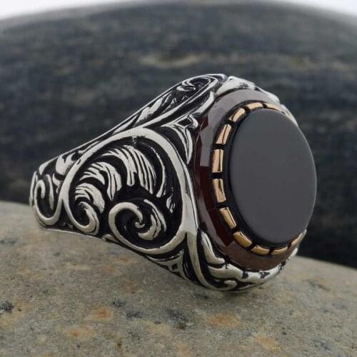Round Plain Model Black Onyx Gemstone Ring Vintage Patterned Men Ring Handcarved Men Silver Jewelery Vintage Men Accessories
