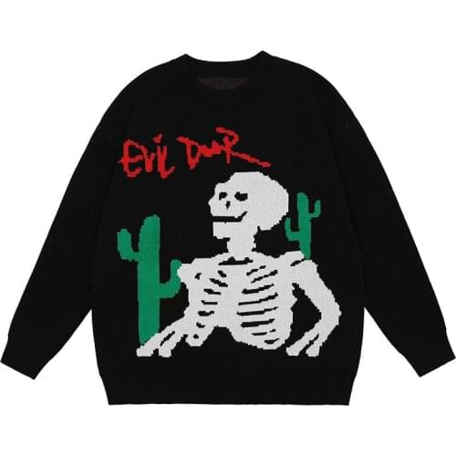 Cartoon Skeleton Knitted Sweater Men Hip Hop Streetwear Harajuku Casual Sweater 2021 Autumn Cotton Pullover Black Tops Oversized