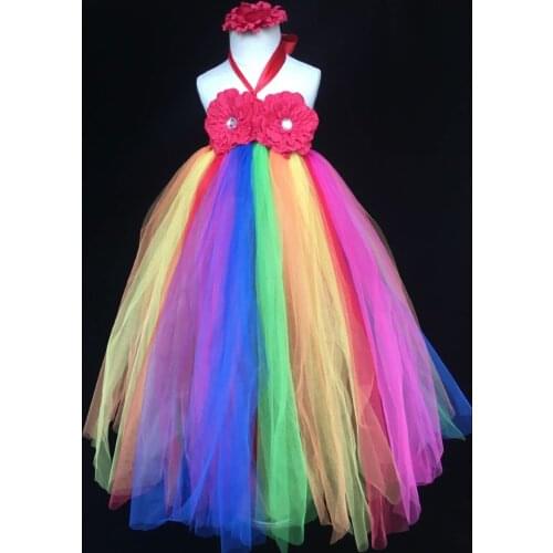 Girls Rainbow Tutu Baby Flower Long Tutu Dress Kids Fluffy Tulle Dress Ball Gown with Headband Set Children Costume Party Dress