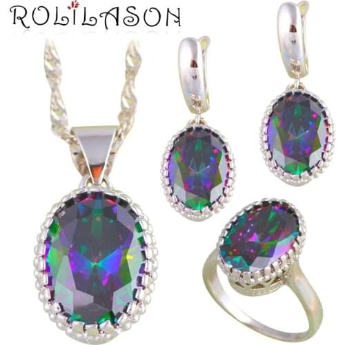 ROLILASON Rainbow Mystic Zircon Silver Stamped Jewelry Sets Earrings Pendant Necklace Rings for Lover Fashion Jewelry JS670