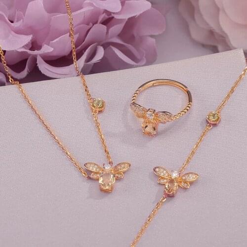 Fine Jewelry Sets For Women 100% 925 Sterling Silver Natural Citrine Gemstone Bee Bracelets Ring Necklace Bijoux Femme CCV027-1