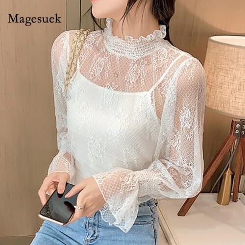 Fashion Lace Mesh Hollow Blouse Women Summer Stand-collar Petal Sleeve Tops Long Sleeve See Through Shirt Base Clothing 13401