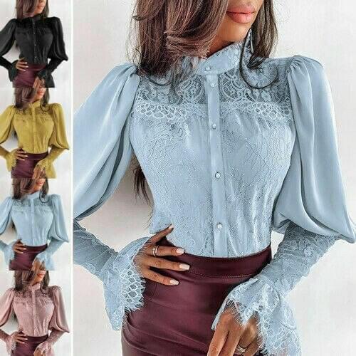 Women Lace Long Puff Sleeve Top Blouse Office Work Stand Collar Buttons Shirts