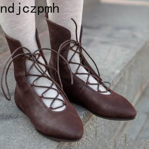 Womens Boots Autumn And Winter New fashion Pointed Lace-up Comfortable Non-slip flat Short tube Womens shoes plus size 34-48