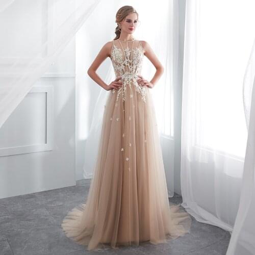 2020 Fashion Women Long Tulle Prom Dress Champange Robe De Soiree A Line Party Dresses