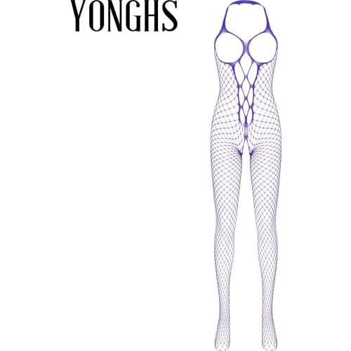 Womens Erotic Lingerie Full Body Stocking Hollow Out Halter Neck Open Cups Crotchless Closed Toes Stretchy Sexy Netted Bodysuit