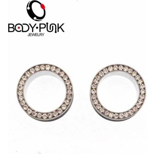 BODY PUNK Trendy Style 1Pair Clear Crystal Tunnel Earring Ear Gauge Fake Plug Hollow Expander Ear Gauges Kit Jewelry PLG 044