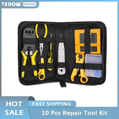 10 PCs Network Repair Tool Kit/Sets LAN Tester Portable Cable Tester Crimping Pliers Wire Stripper RJ45/11 Network Crystal Head