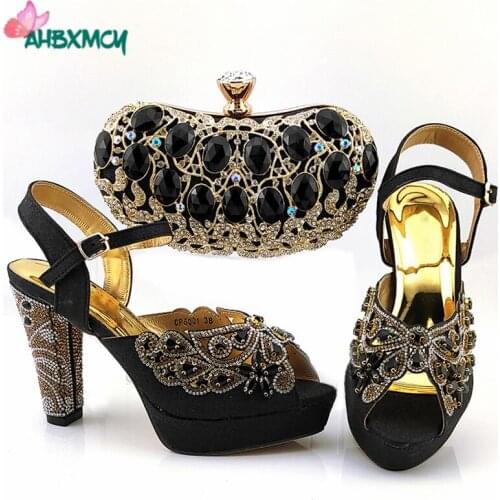 2020 Special Design Italian Women Shoes and Bag in Black Color Decorate with Rhinestone Slingbacks Sandals with Platform