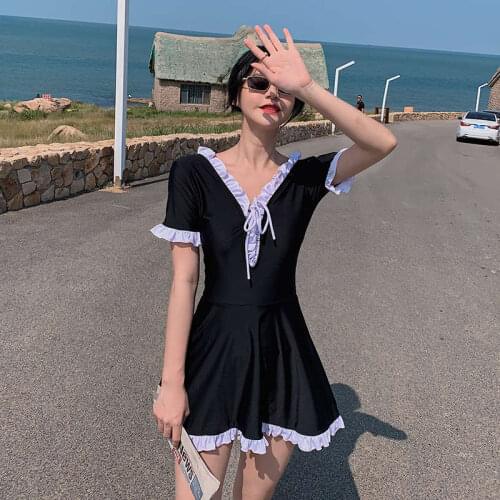 2021 New Korean Hot Swimsuit Pleated V-Neck Lace Decoration Conservative One-Piece Skirt Style Covering Belly Slimming Swimwear
