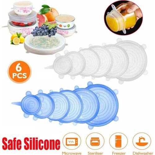 6pcs Reusable Eco-Friendly Silicone Stretch Lids Food Wrap Silicone Cover for Cookware Bowl Pan Cooking Kitchen Accessories