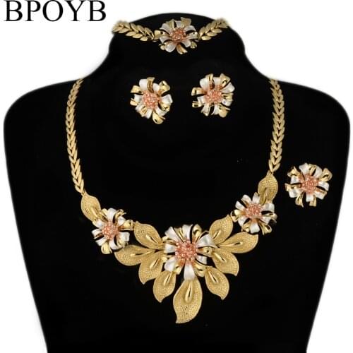 BPOYB Gorgeous Wholesale Saudi Arabic Bridal Gold Color Jewelry Sets High Fashion Luxury Painting Three-colour Flower Jewelri