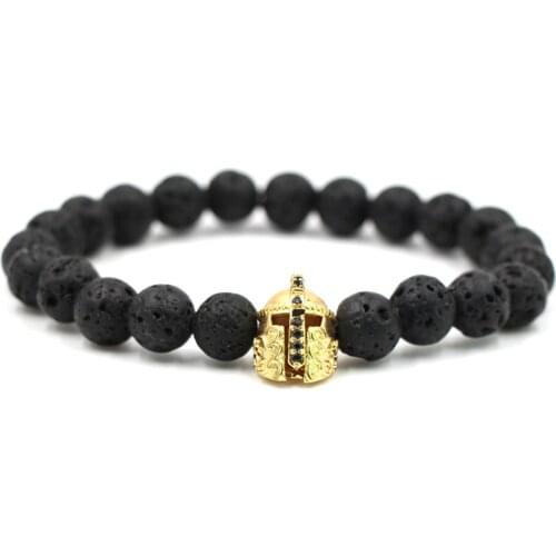 Micro-inlaid Zircon Armor Head Boutique Jewelry Bracelet 8mm Black Lava Lava Stone Mens And Womens Elastic Bracelet