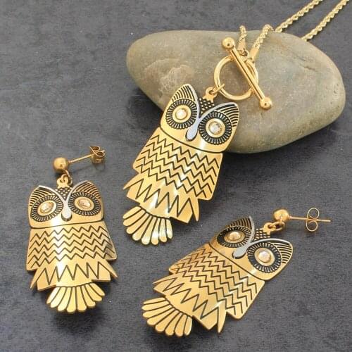 Fashion Stainless Steel Jewelry For Woman Girls Owl Pendant IO Lock Chain Necklace And Earrings High Quality Joyas