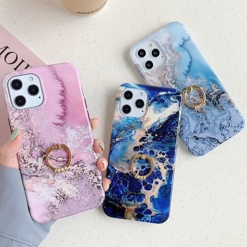 Fashion Marble Grits Sands Soft TPU Phone Case for iPhone 12 Mini 11 Pro XS Max XR 7 8 Plus Finger Ring Holder Stand Back Cover