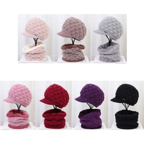 Women Winter 2Pcs Set Visor Brim Chunky Knit Beanie Hat with Circle Scarf Plush Lining Skull Baseball Cap Neck Warmer