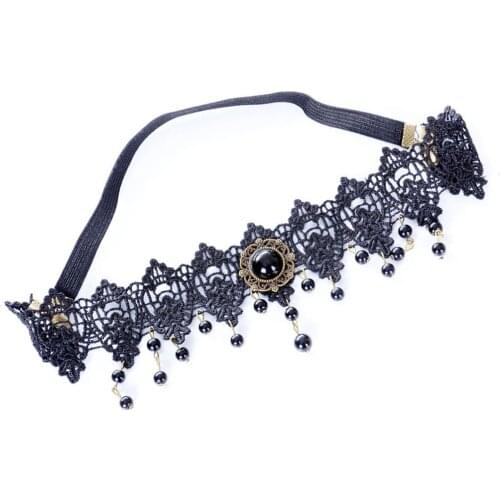Gothic Style Lady Elegant Fashion Sexy Black Lace Beads Pendant Elastic Hair Headband Garland Party Prom Decor