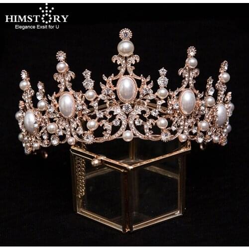 HIMSTORY Vintage Rose Gold Pearl Tiara Crown Wedding Headband For Bride Hair Accessories Queen Headpiece Wedding Head Jewelries