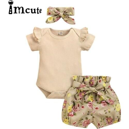 Imcute 2020 New Toddler Baby Girl Summer Floral Outfit Clothes Bodysuits Shorts Headband Three Piece Kids Girls Outfits