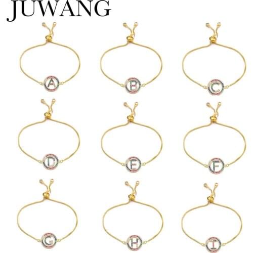 JUWANG Cubic Zirconia Rainbow A-Z Initial Letter Charm Bracelet Jewelry Adjustable Copper Chain Bracelets For Women Girls Gift