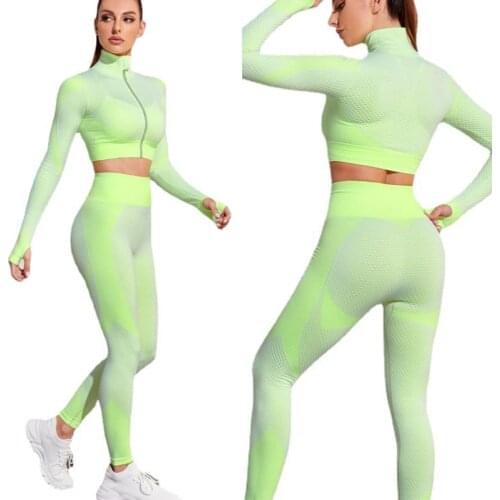 2 Pcs Yoga Zippers Set Seamless Gym Set Sportswear Long-sleeved Top Fashion Push Up Tight Running Yoga Sets Womens Active Wear