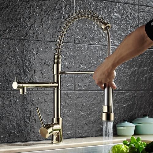 Tuqiu Kitchen Faucet Brass GoldSpring Pull Out Kitchen Faucet Sink Faucet luxury Hot & Cold direct drink Water Kitchen Mixer tap