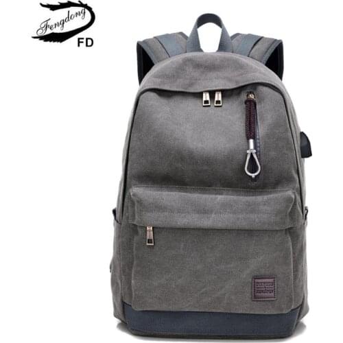 Fengdong teenage boys school backpack usb bag with earphone jack men travel backpack student canvas bookbag school bags for boys